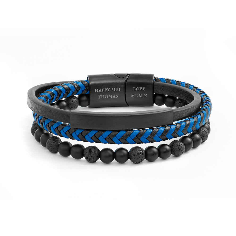 Personalized Men's Black Stone and Blue Cord Bracelet - Lovesakes