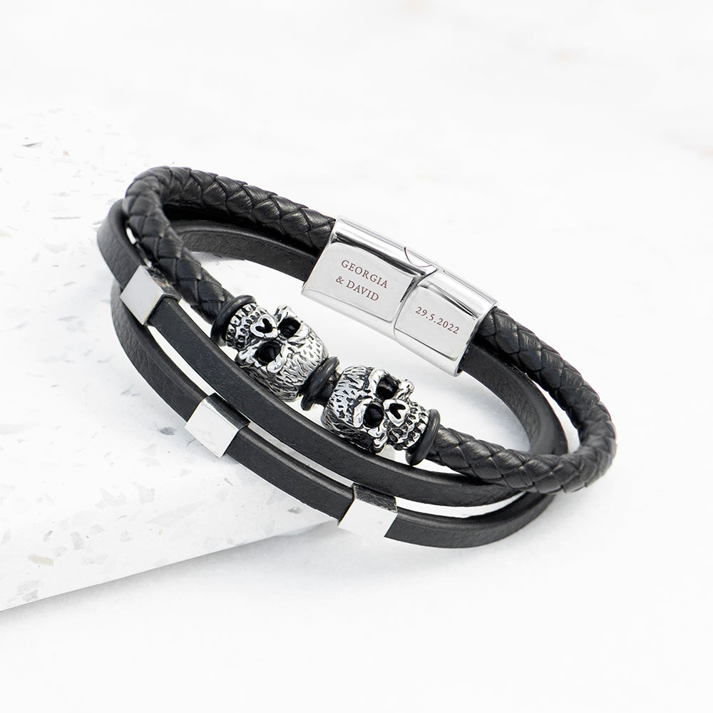 Personalized Men's Skulls Leather Rope Bracelet - Lovesakes