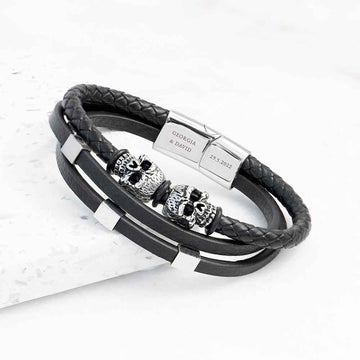 Engraved Men's Skulls Leather Rope Bracelet - Deeply Engraved