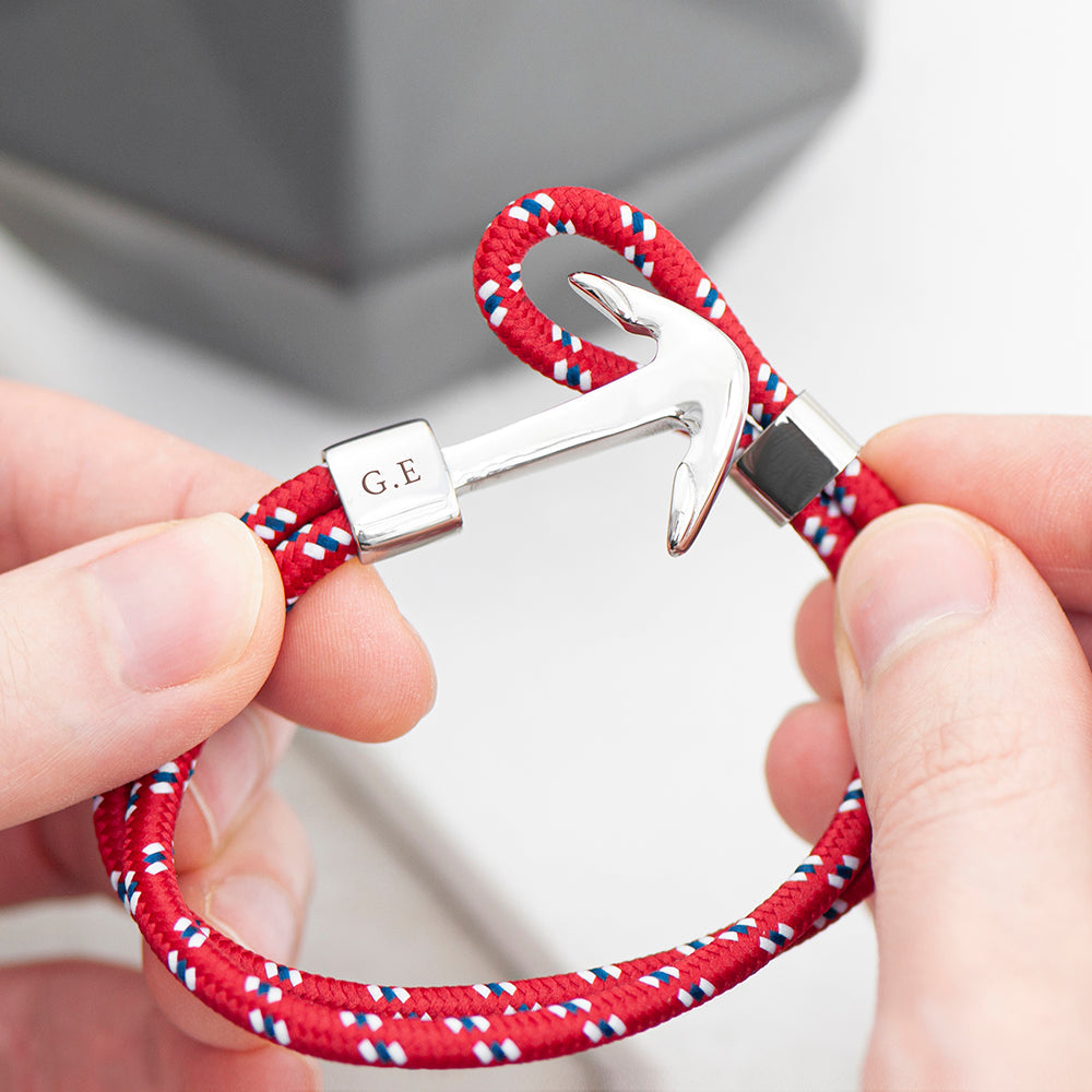 Personalized Men's Red Rope Nautical Anchor Bracelet - Lovesakes