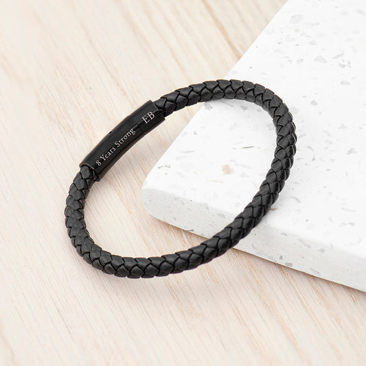 Engraved Men's Woven Black Leather Bracelet