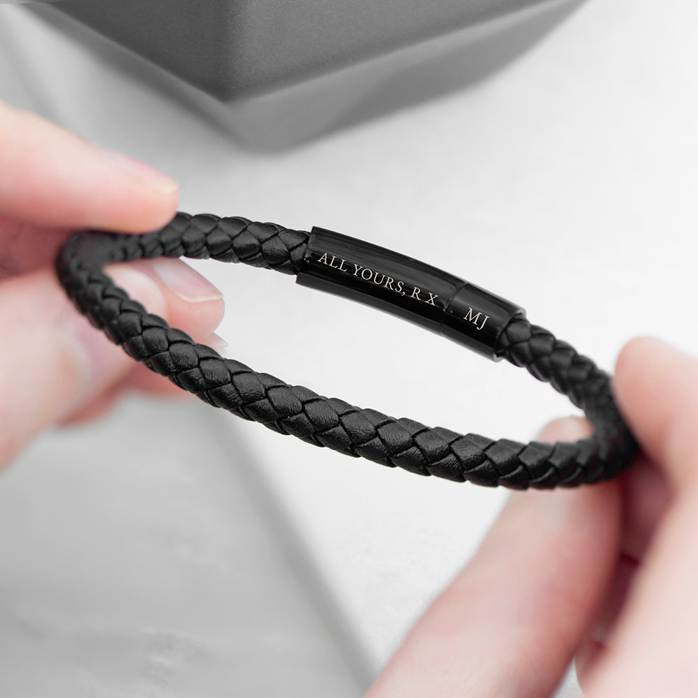 Personalized Men's Woven Black Leather Bracelet - Lovesakes