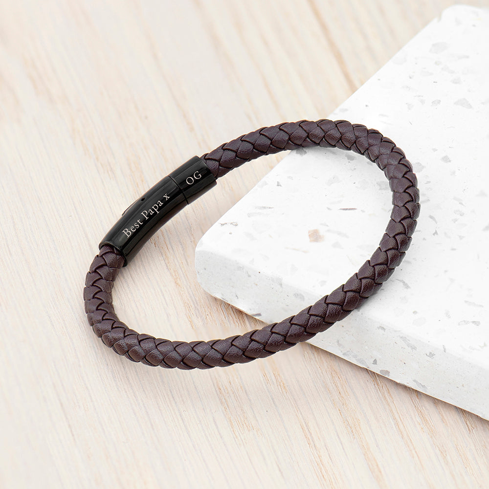 Personalized Men's Woven Brown Leather Bracelet - Lovesakes