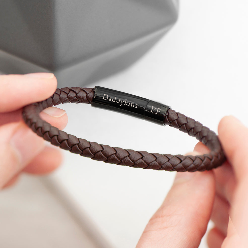 Personalized Men's Woven Brown Leather Bracelet - Lovesakes