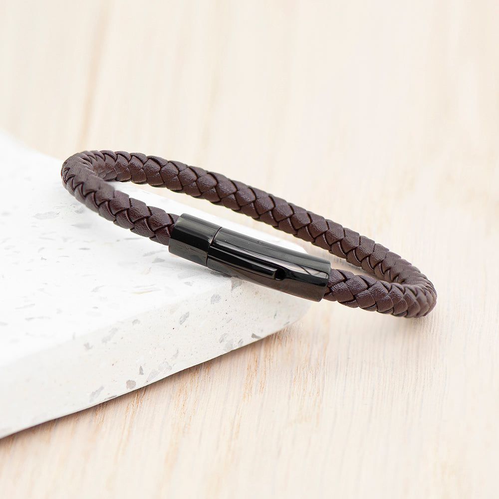 Personalized Men's Woven Brown Leather Bracelet - Lovesakes