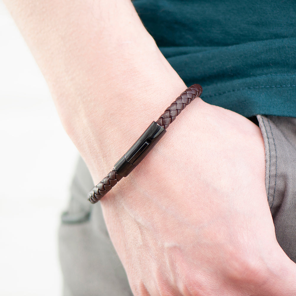 Personalized Men's Woven Brown Leather Bracelet - Lovesakes