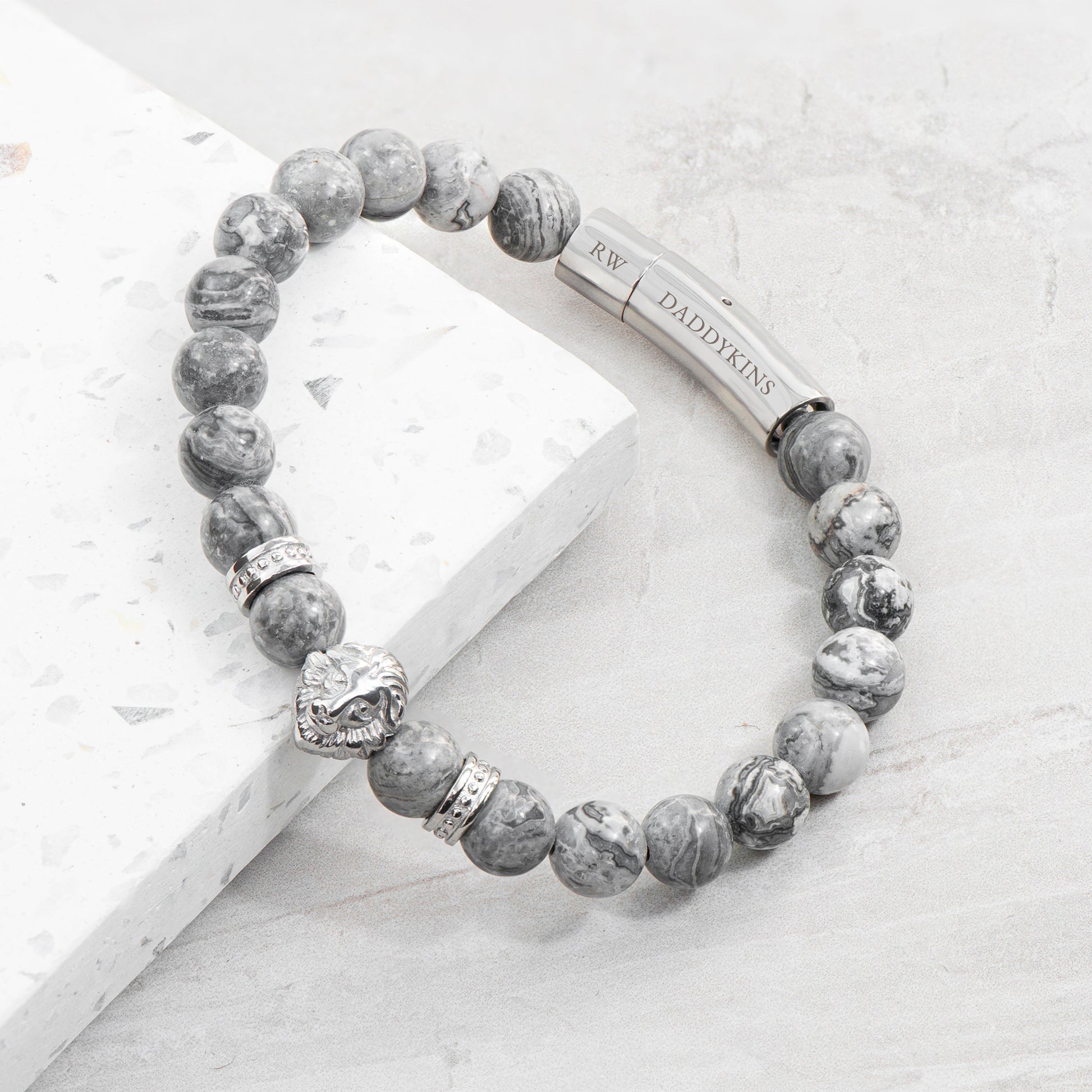 Personalized Men's Silver Lion Jasper Stone Bracelet - Lovesakes