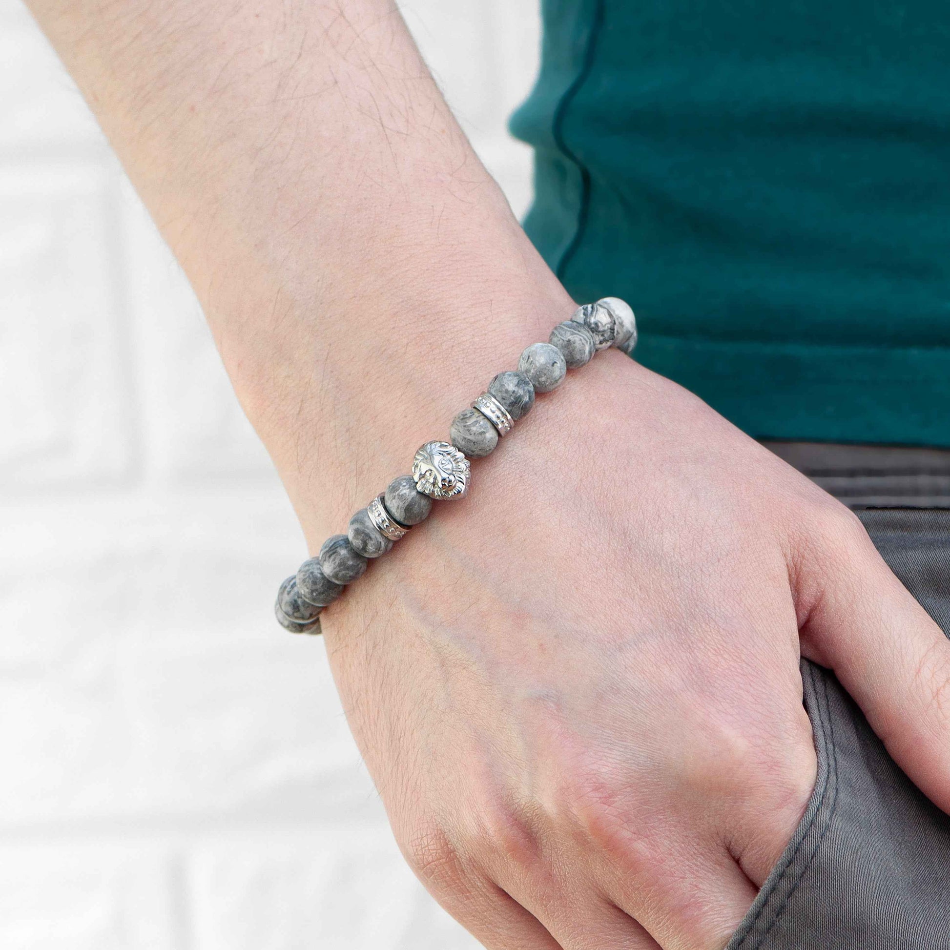 Engraved Men's Silver Lion Jasper Stone Bracelet - Deeply Engraved