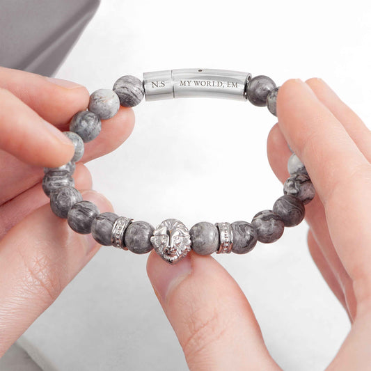 Engraved Men's Silver Lion Jasper Stone Bracelet - Deeply Engraved