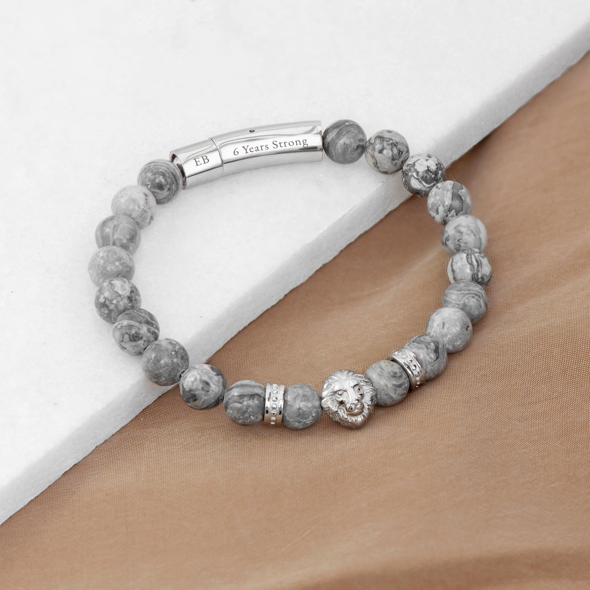 Personalized Men's Silver Lion Jasper Stone Bracelet - Lovesakes