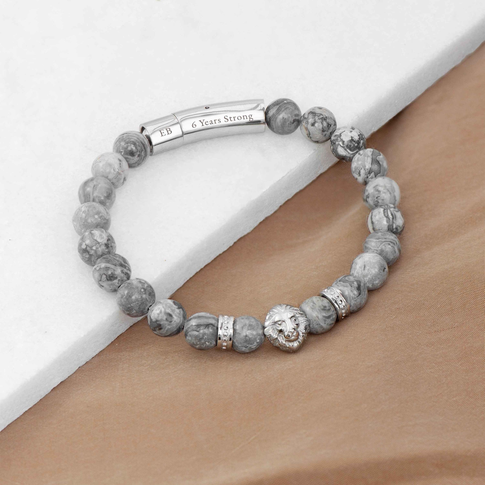 Engraved Men's Silver Lion Jasper Stone Bracelet - Deeply Engraved