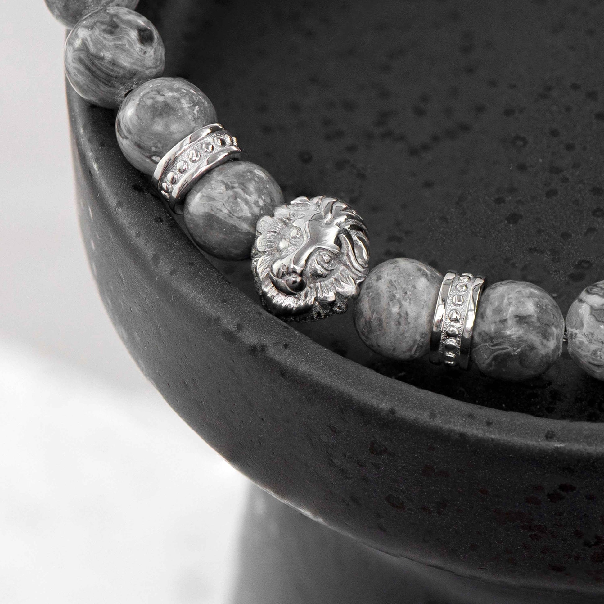 Engraved Men's Silver Lion Jasper Stone Bracelet - Deeply Engraved