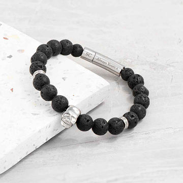Engraved Men's Silver Skull Beaded Bracelet - Deeply Engraved
