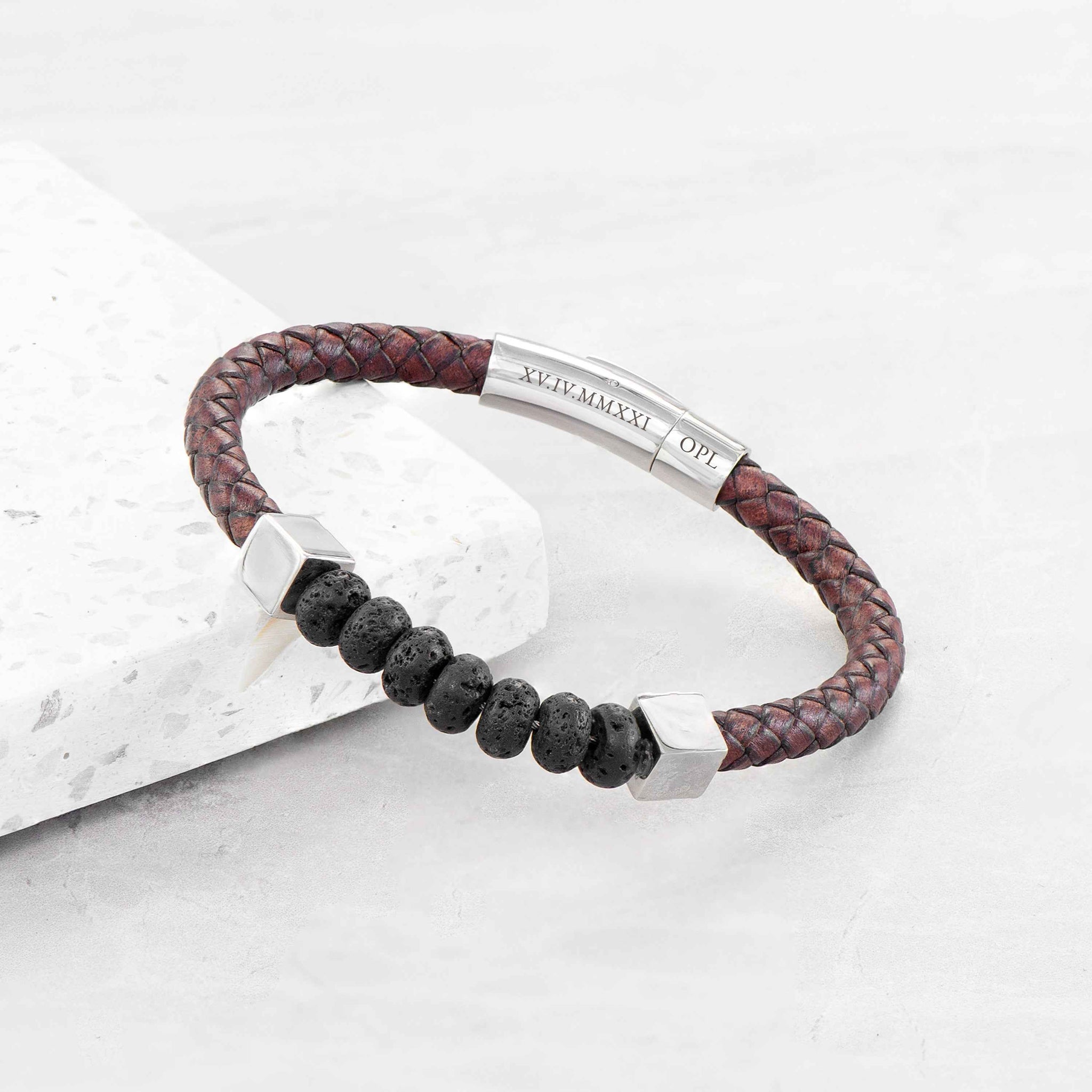 Engraved Leather Beaded Bracelet for Men - Deeply Engraved