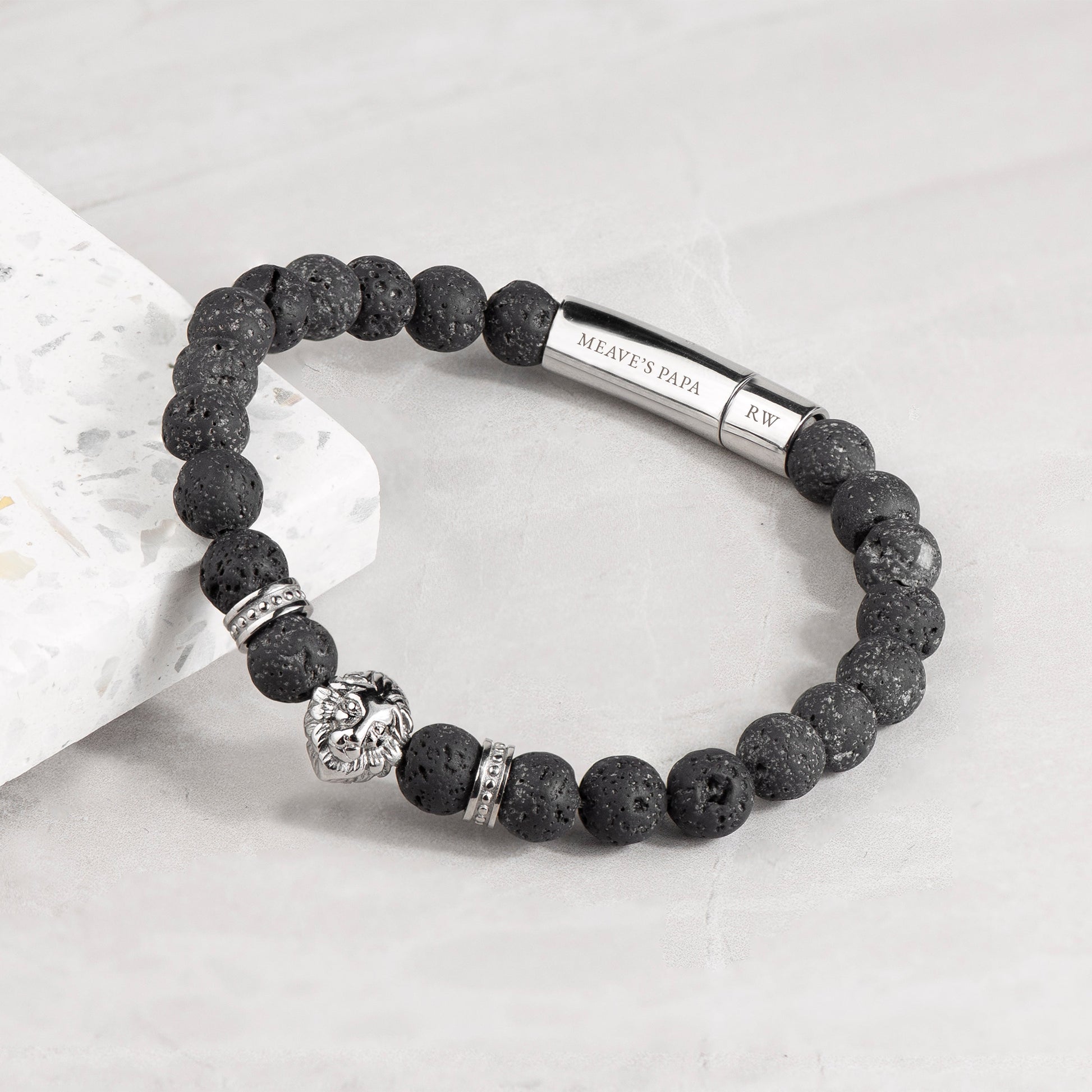 Personalized Men's Silver Lion Black Beaded Bracelet - Lovesakes