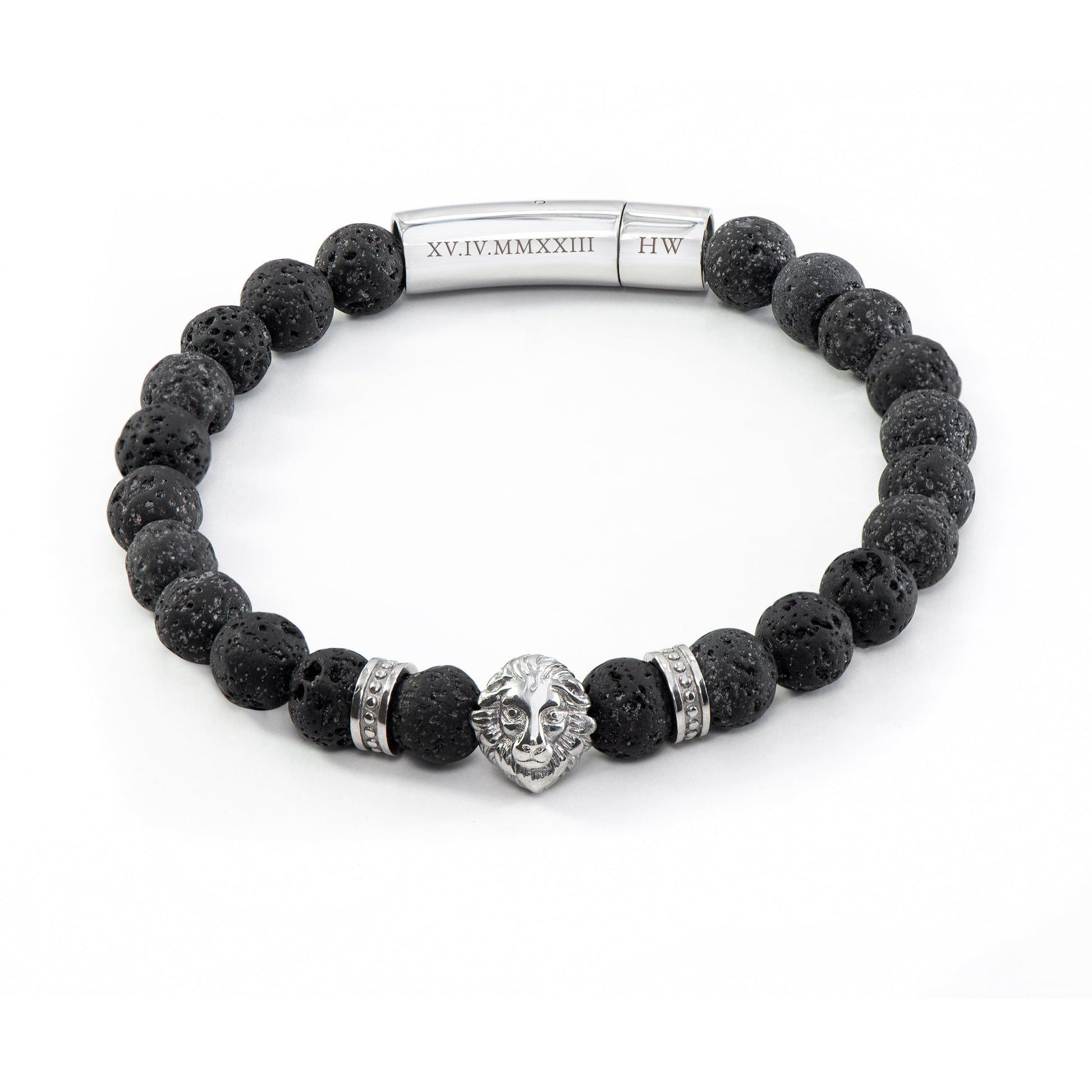 Personalized Men's Silver Lion Black Beaded Bracelet - Lovesakes