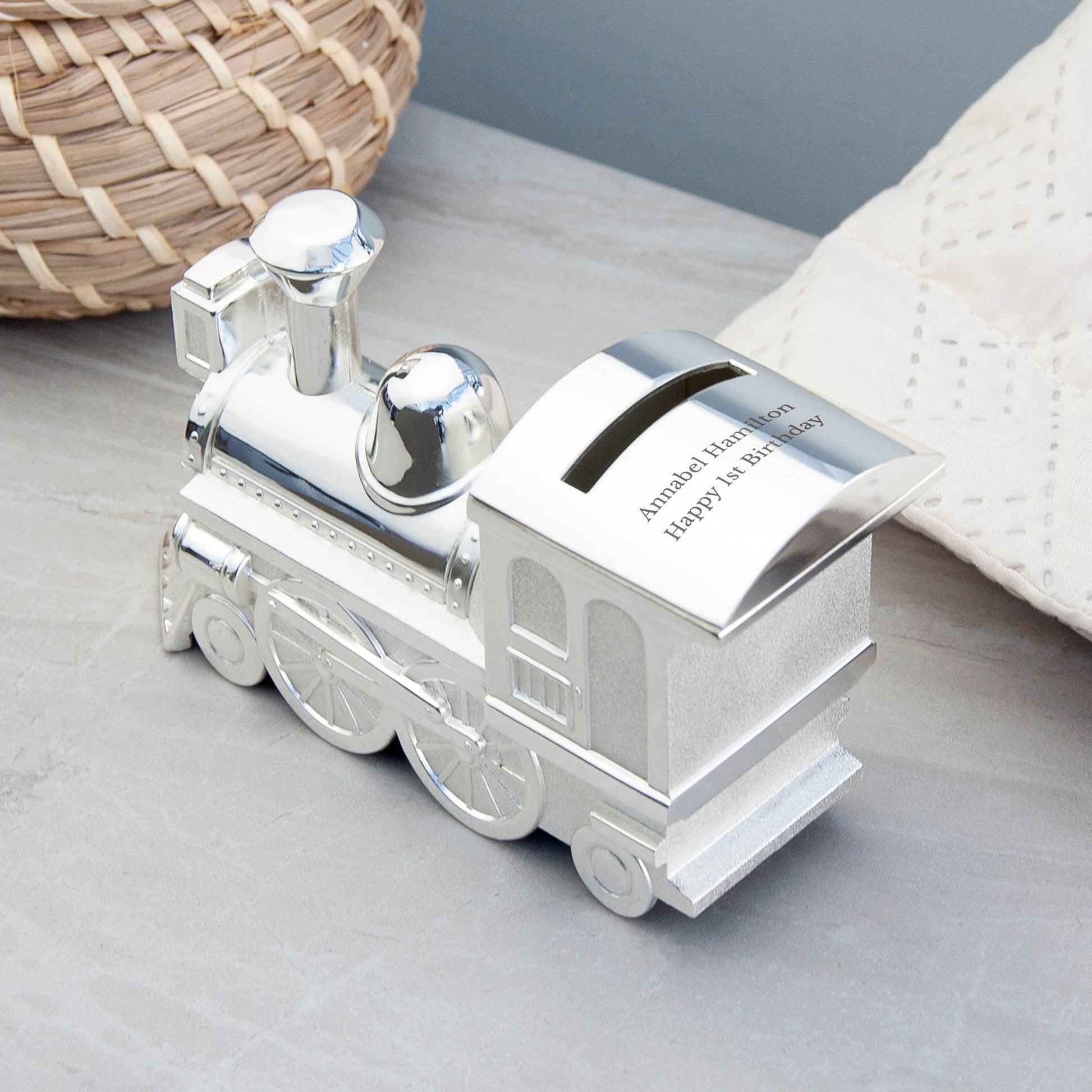 Engraved Silver Plated Train Money Box