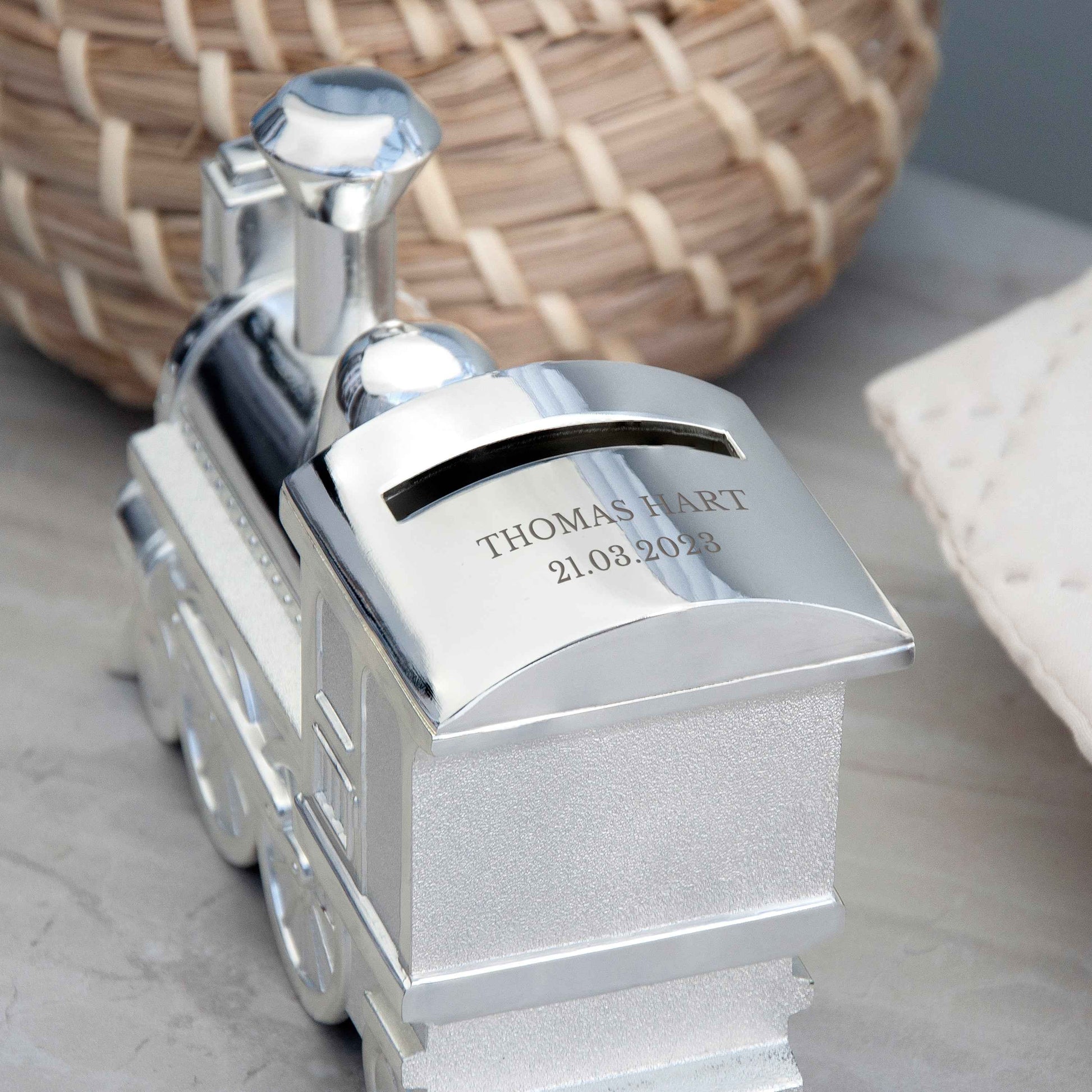 Engraved Silver Plated Train Money Box