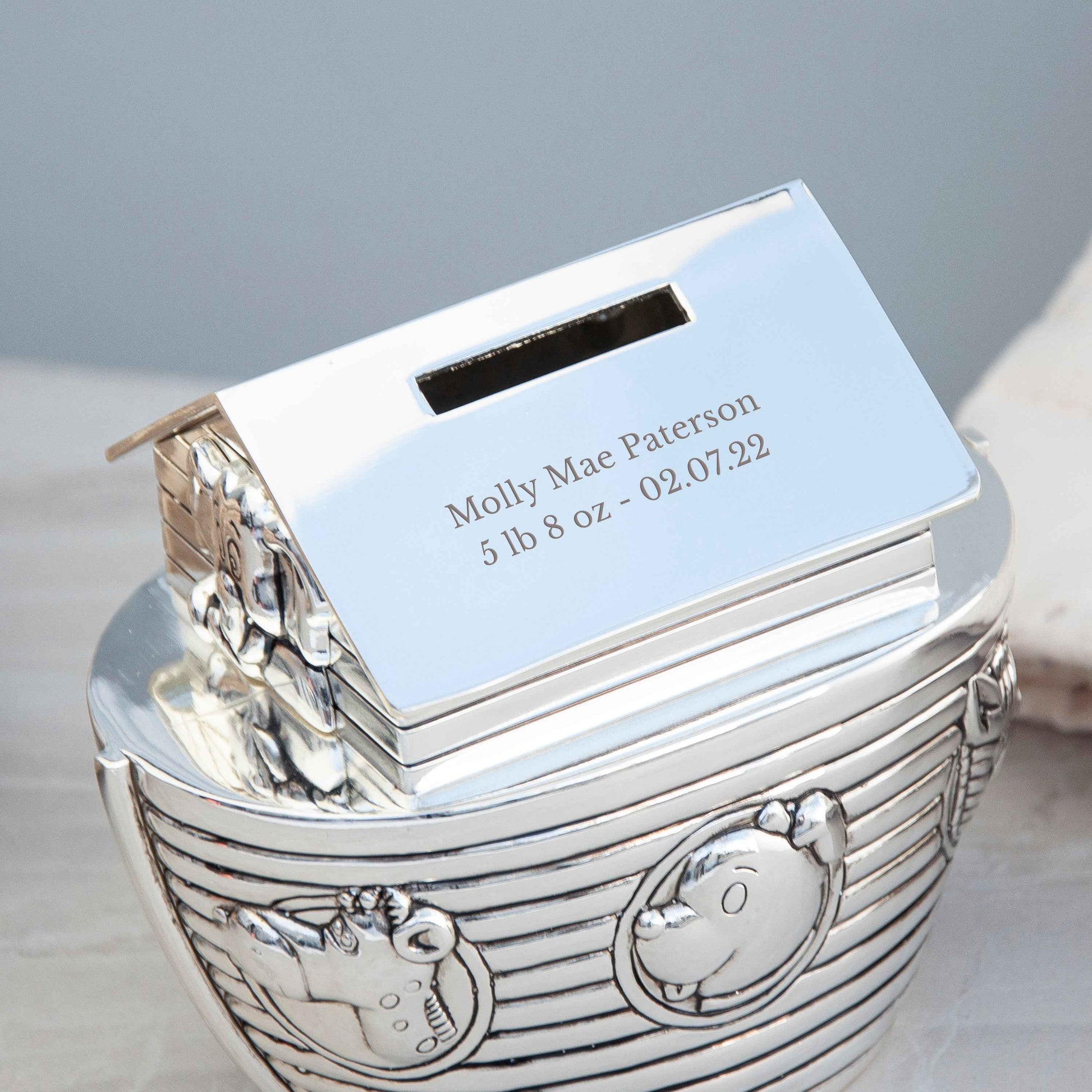 Engraved Silver Plated Noah’s Ark Money Box