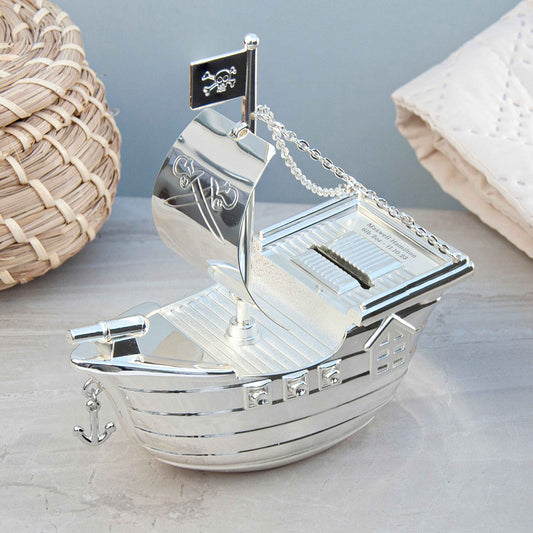 Engraved Silver Plated Pirate Ship Money Box