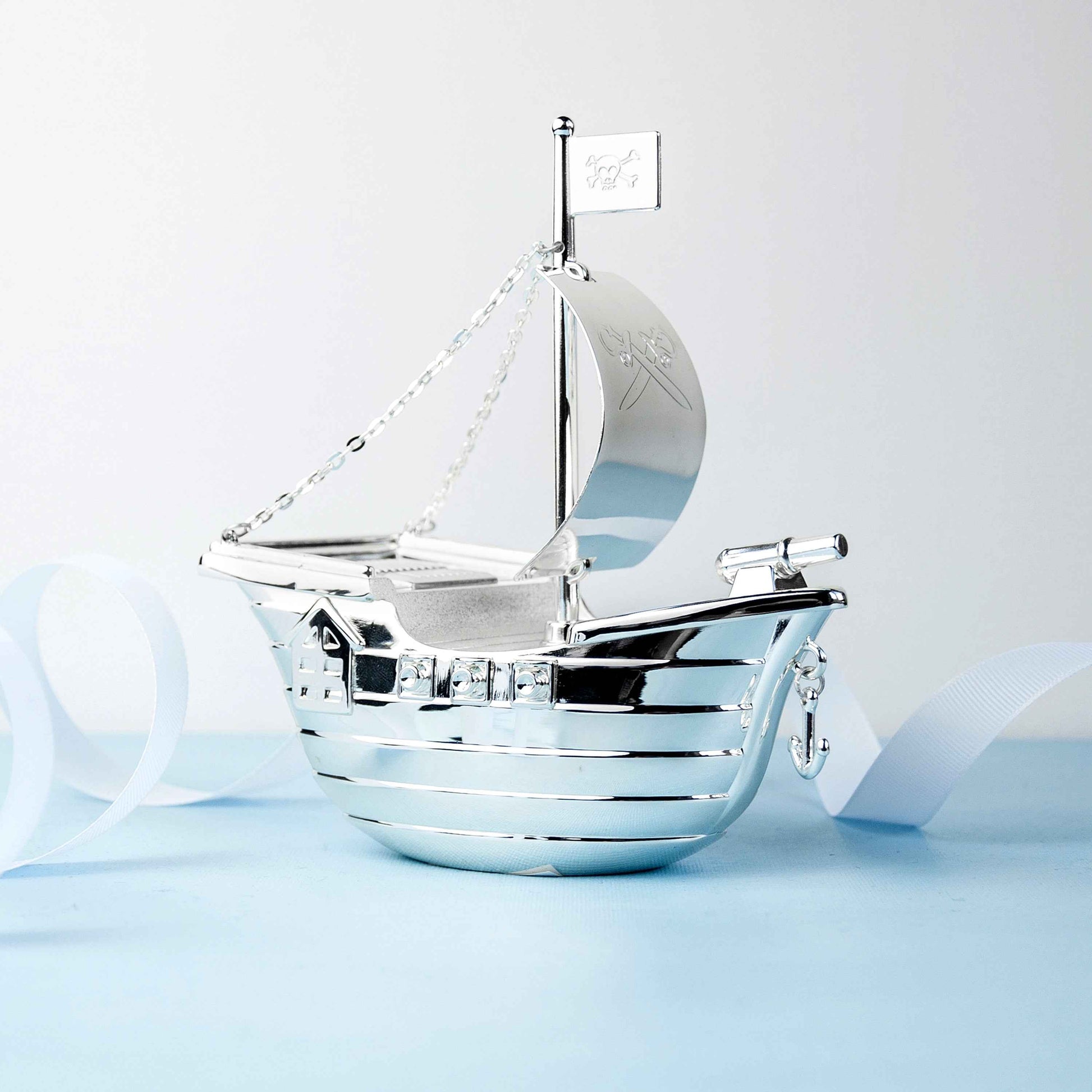 Engraved Silver Plated Pirate Ship Money Box