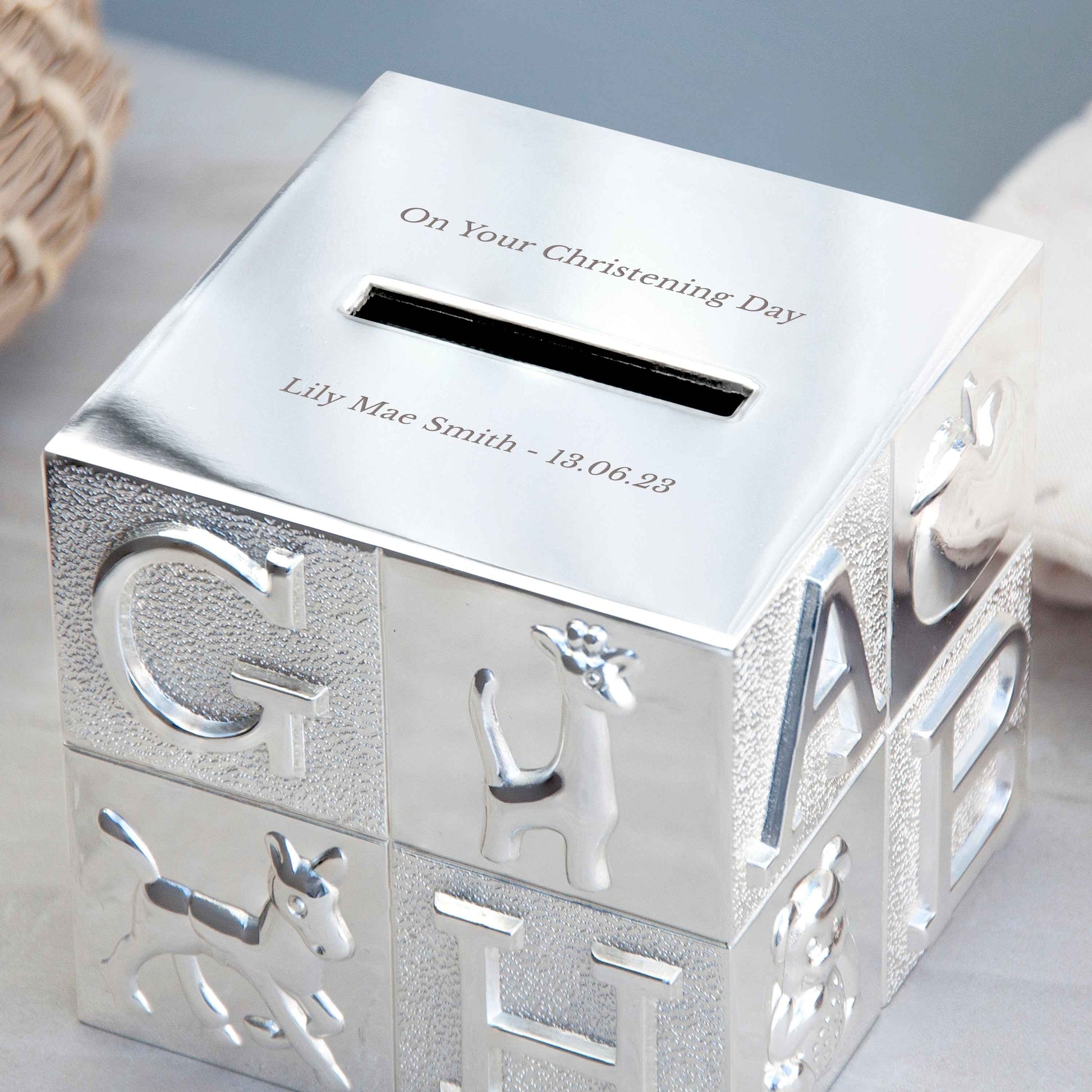 Engraved Silver Plated ABC Money Box