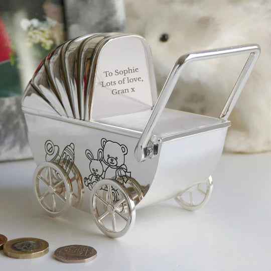 Engraved Silver Plated Pram Money Box