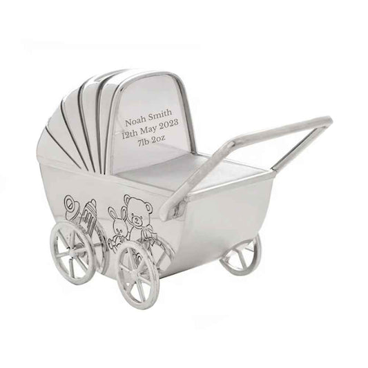 Engraved Silver Plated Pram Money Box