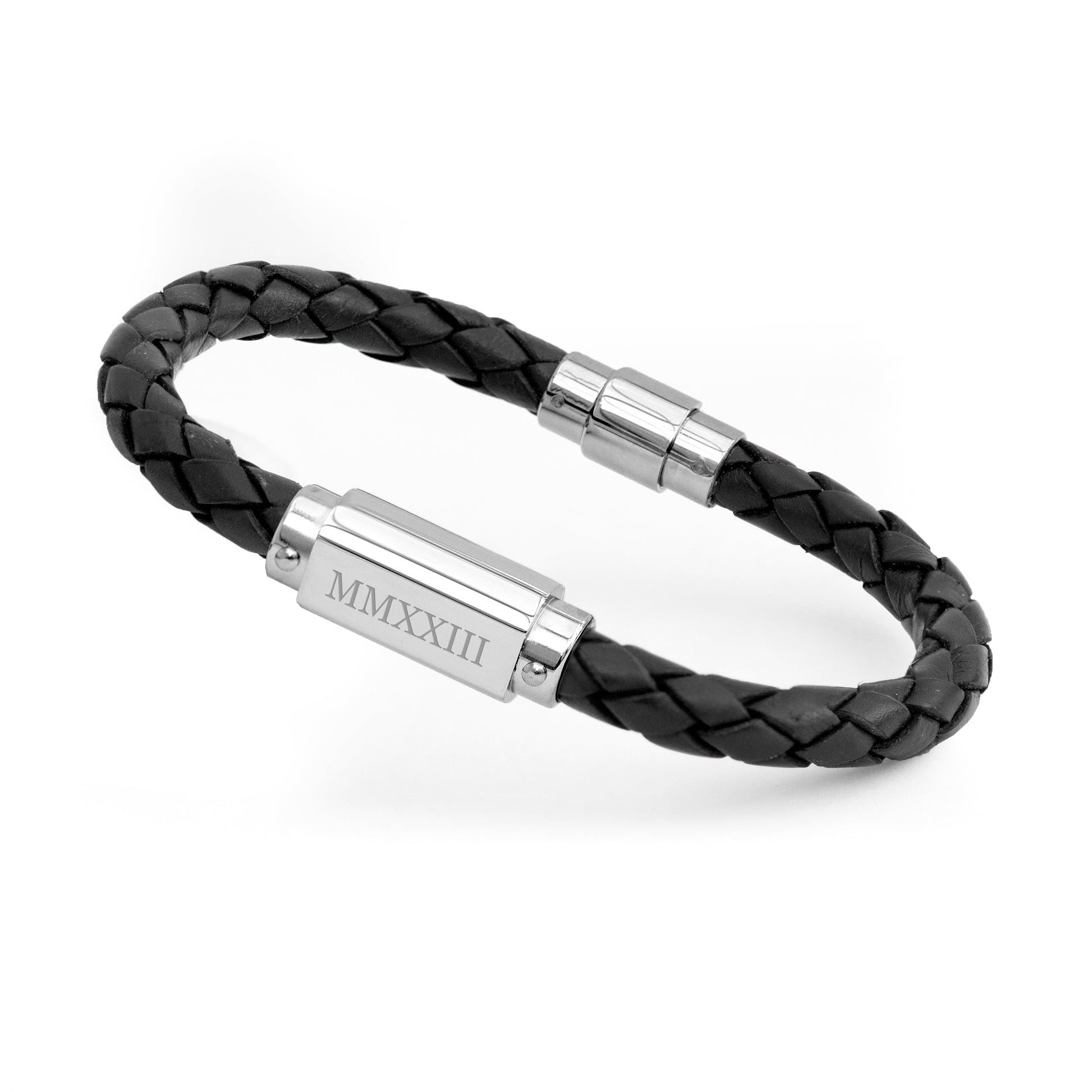 Personalized Men's Roman Numerals Luxury Black Leather Bracelet - Lovesakes