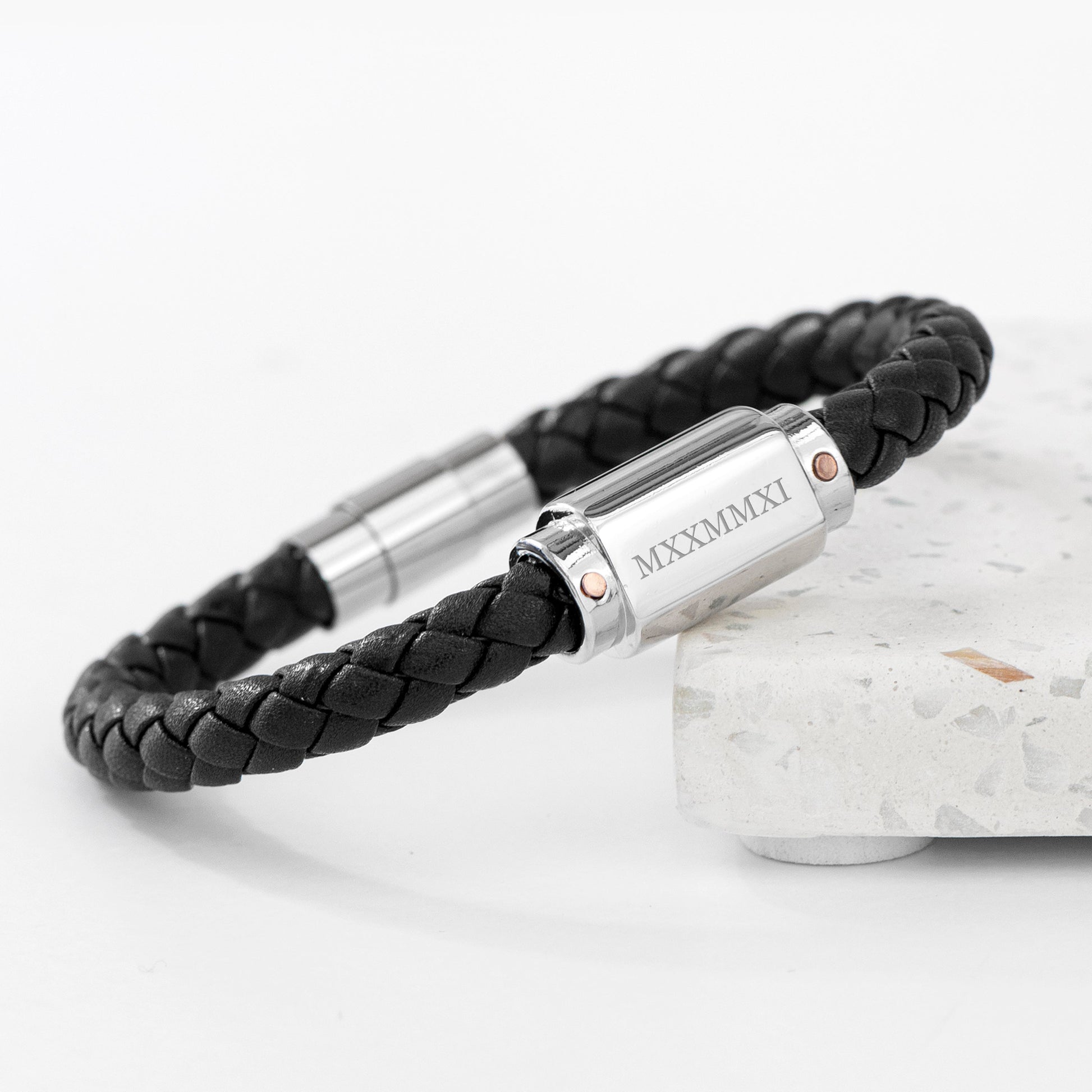 Personalized Men's Roman Numeral Leather Capsule Bracelet-Black
