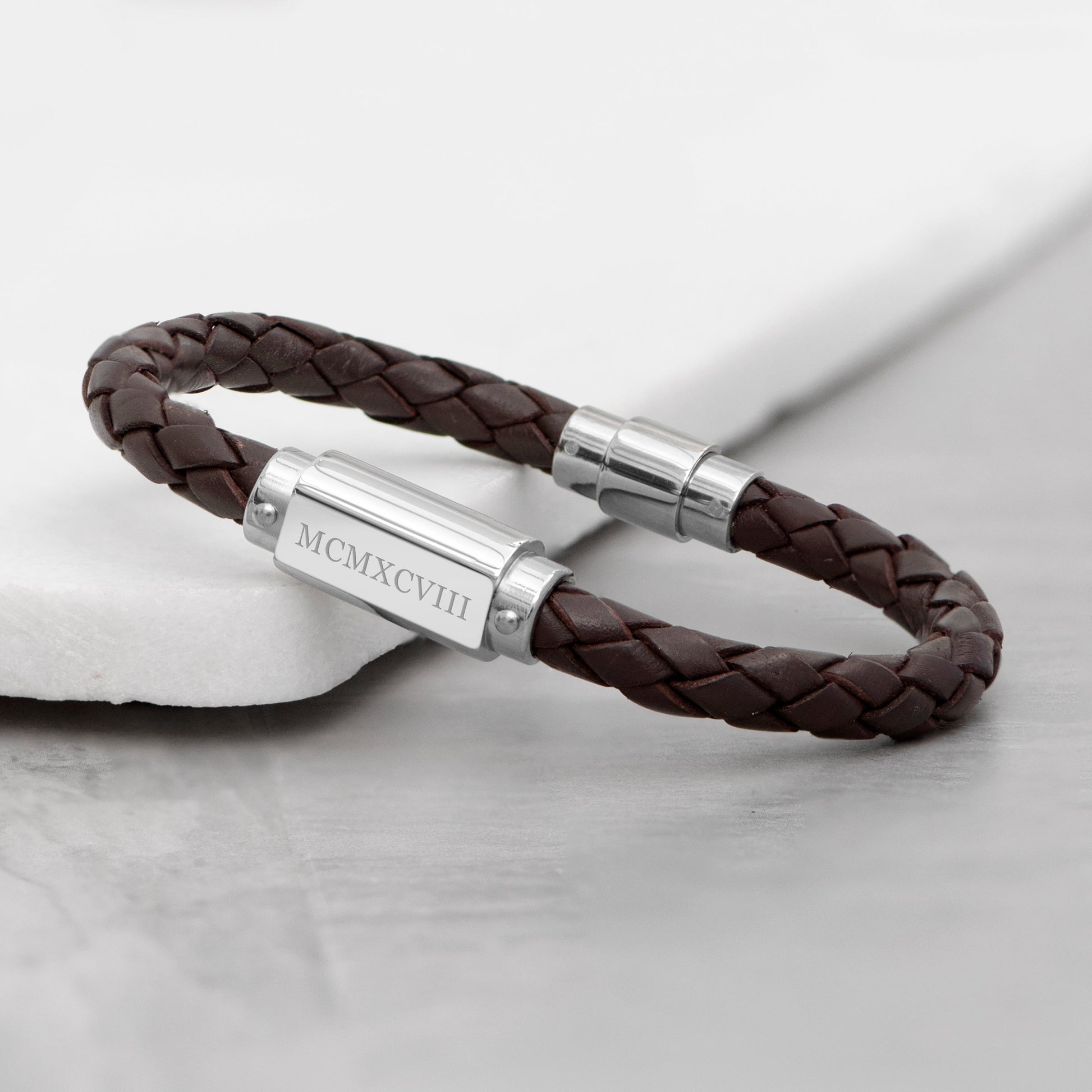 Personalized Men's Roman Numerals Luxury Brown Leather Bracelet - Lovesakes