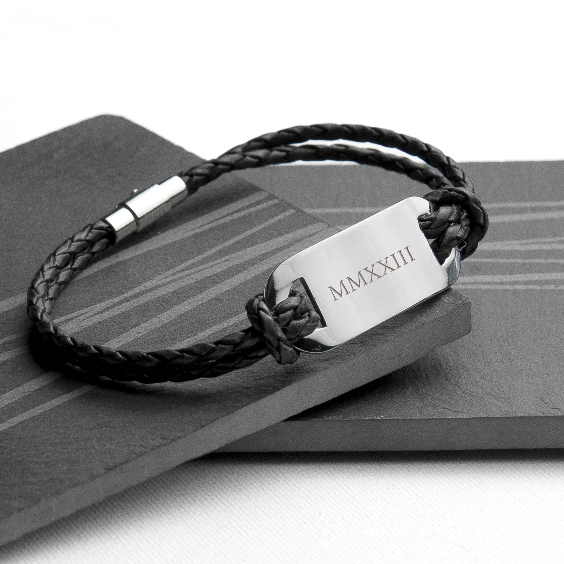 Personalized Men's Roman Numerals Statement Leather Bracelet - Lovesakes