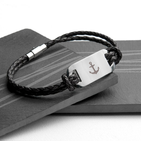 Engraved Men's Anchor Statement Leather Bracelet