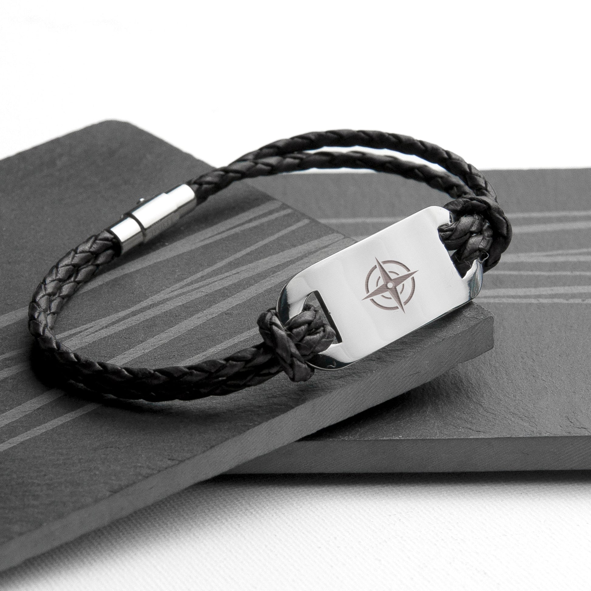 Personalized Men's Travel Compass Statement Leather Bracelet - Lovesakes