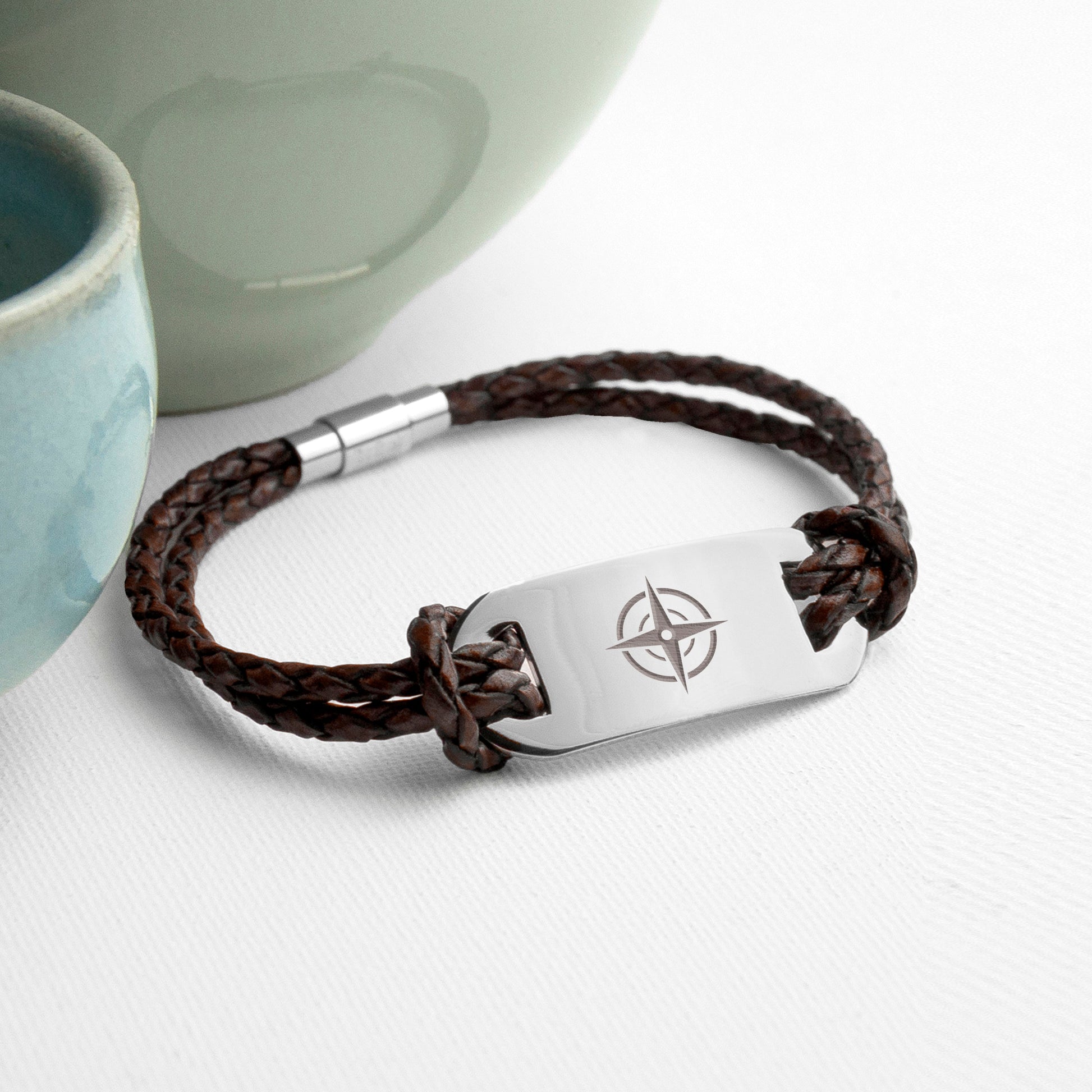 Personalized Men's Travel Compass Statement Leather Bracelet - Lovesakes