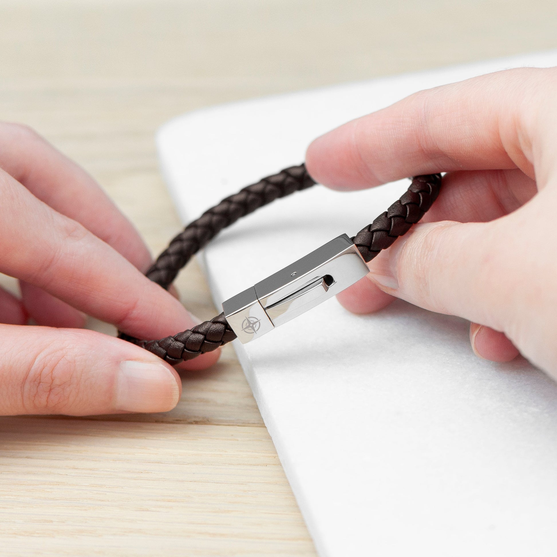 Personalized Men's Leather Travel Compass Bracelet With Tube Clasp - Lovesakes