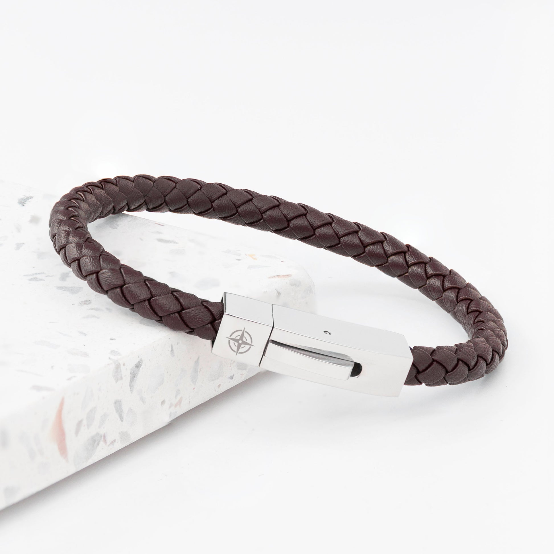 Brown braided leather Personalized Men's Leather Compass Rose Bracelet with a silver clasp