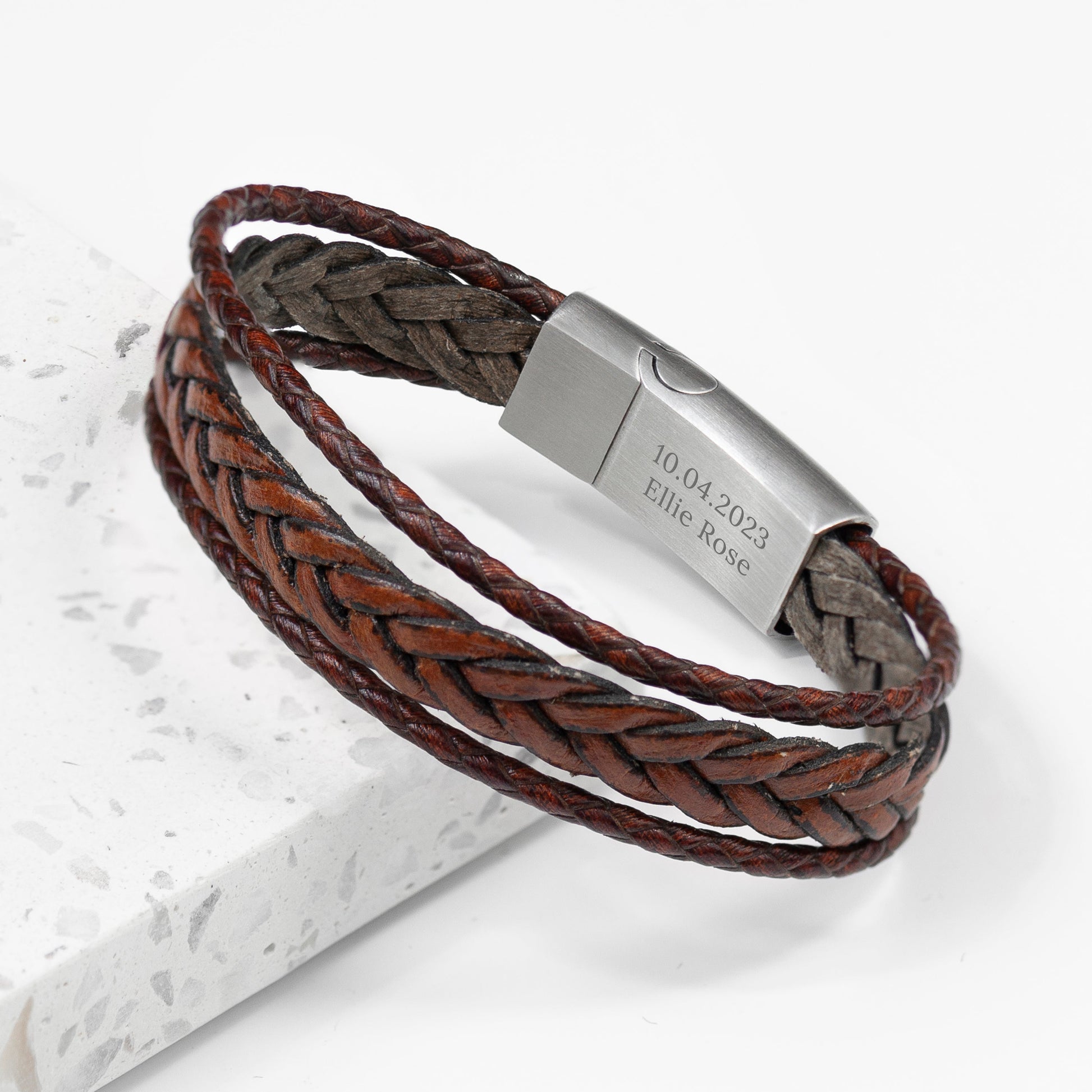 Personalized Men's Woven Layered Brown Leather Bracelet - Lovesakes