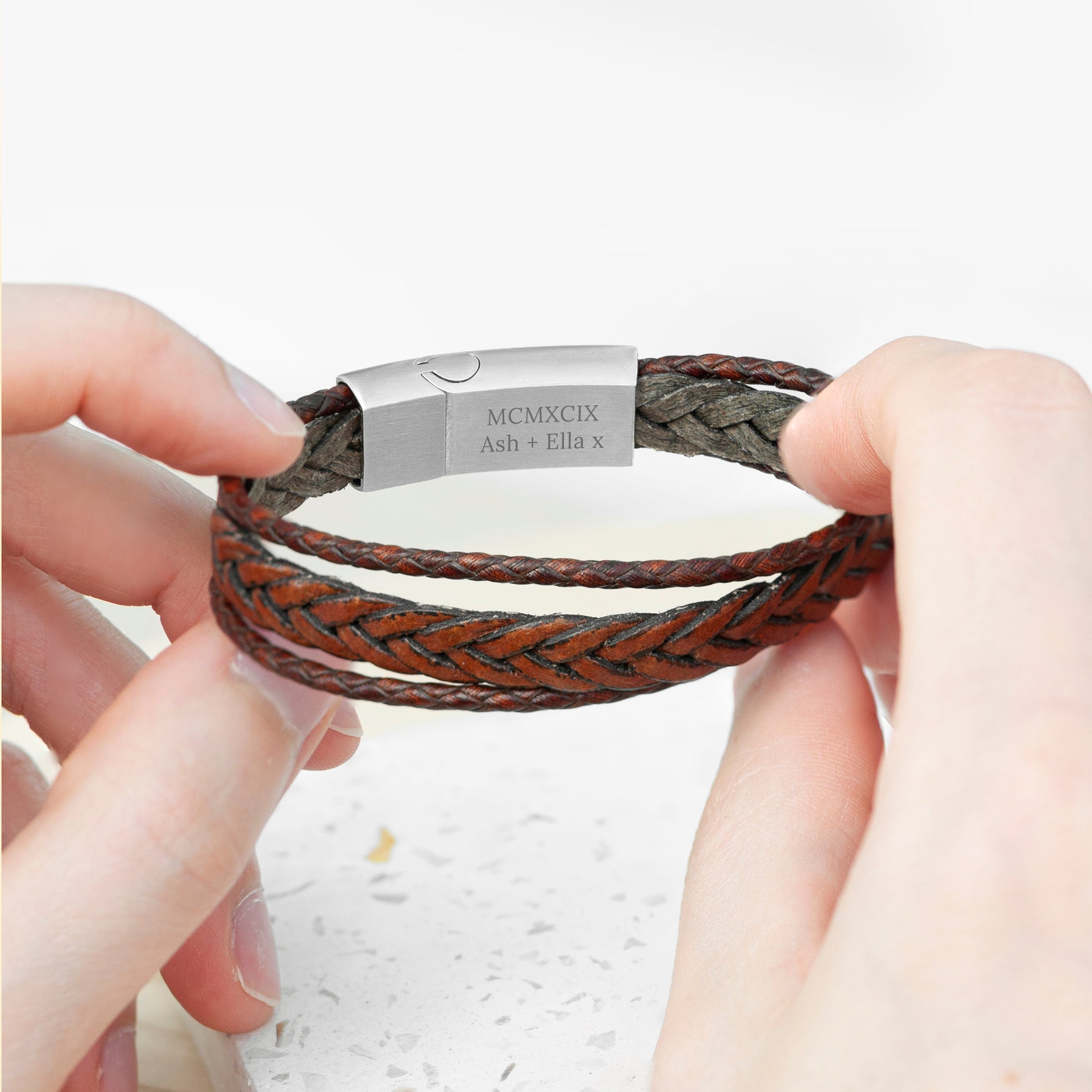 Personalized Men's Woven Layered Brown Leather Bracelet - Lovesakes