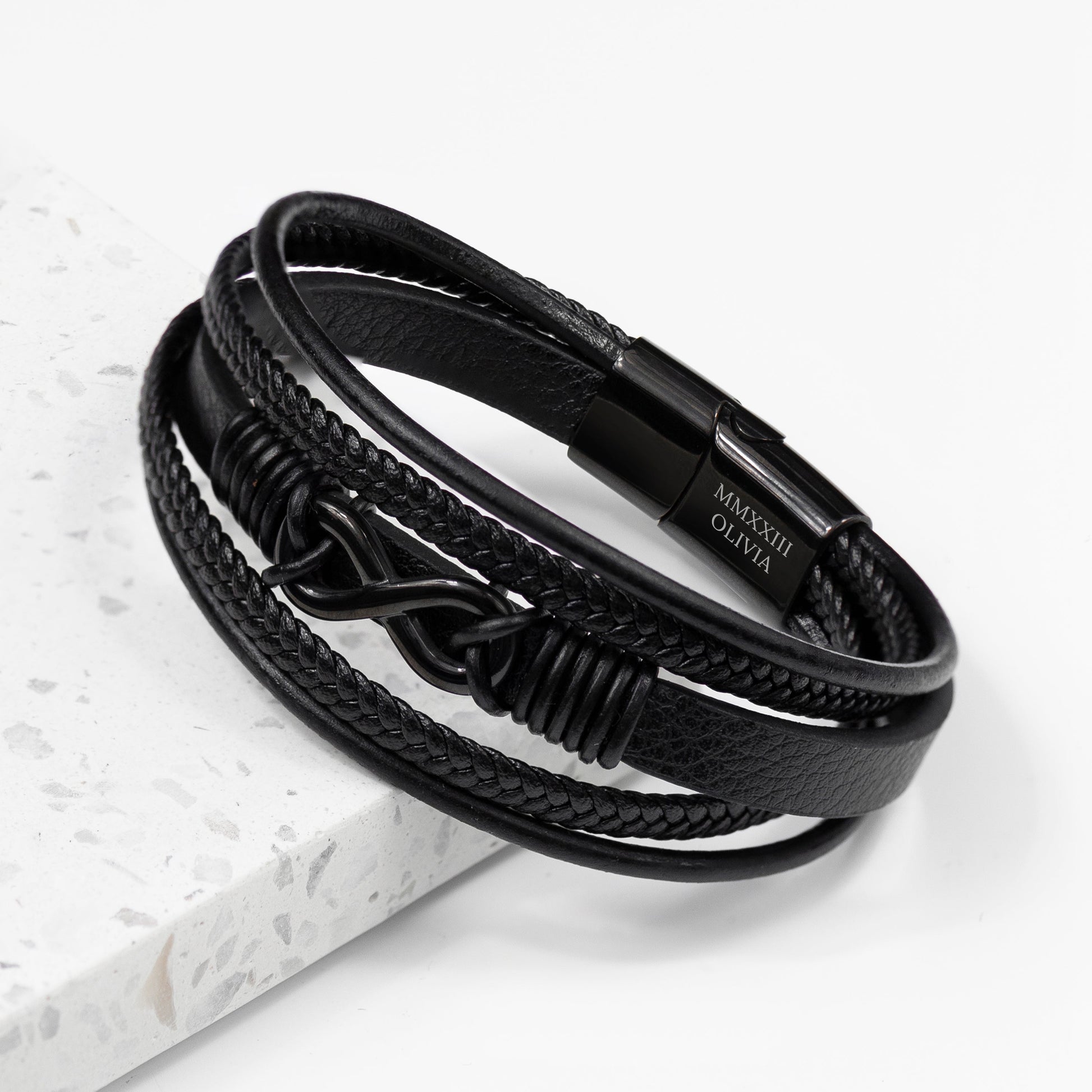 Personalized Men's Infinity Black Leather Stacked Bracelet - Lovesakes