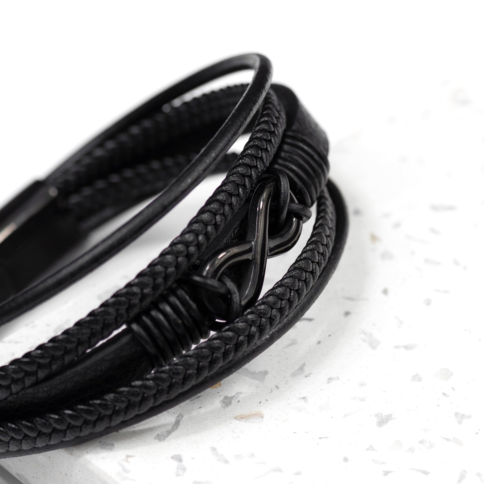 Personalized Men's Infinity Black Leather Stacked Bracelet - Lovesakes