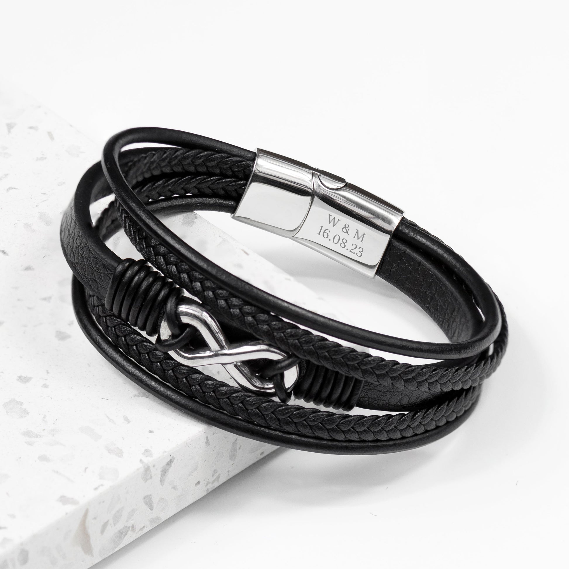 Personalized Men's Silver Infinity Black Leather Stacked Bracelet - Lovesakes