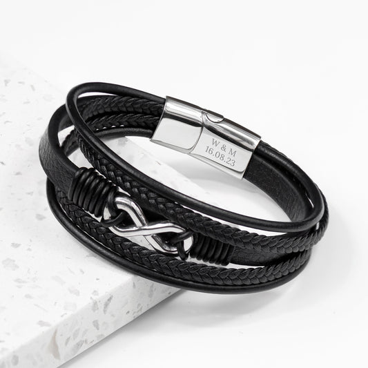 Engraved Men's Silver Infinity Black Leather Stacked Bracelet