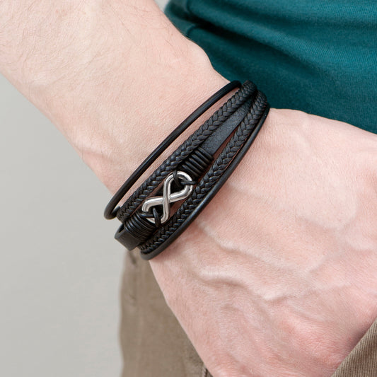 Engraved Men's Silver Infinity Black Leather Stacked Bracelet