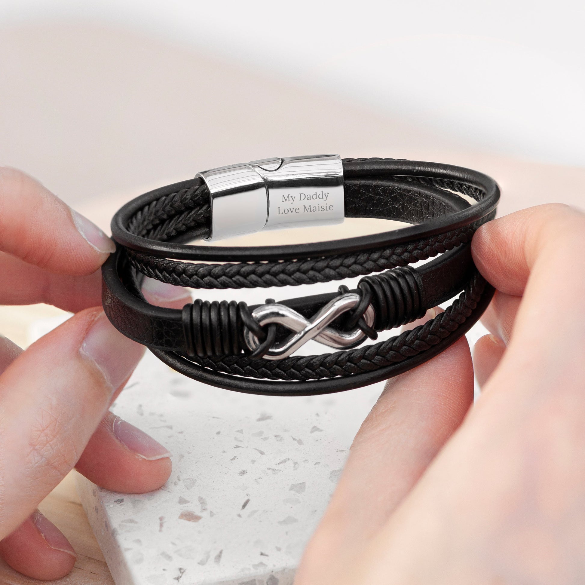 Personalized Men's Silver Infinity Black Leather Stacked Bracelet - Lovesakes