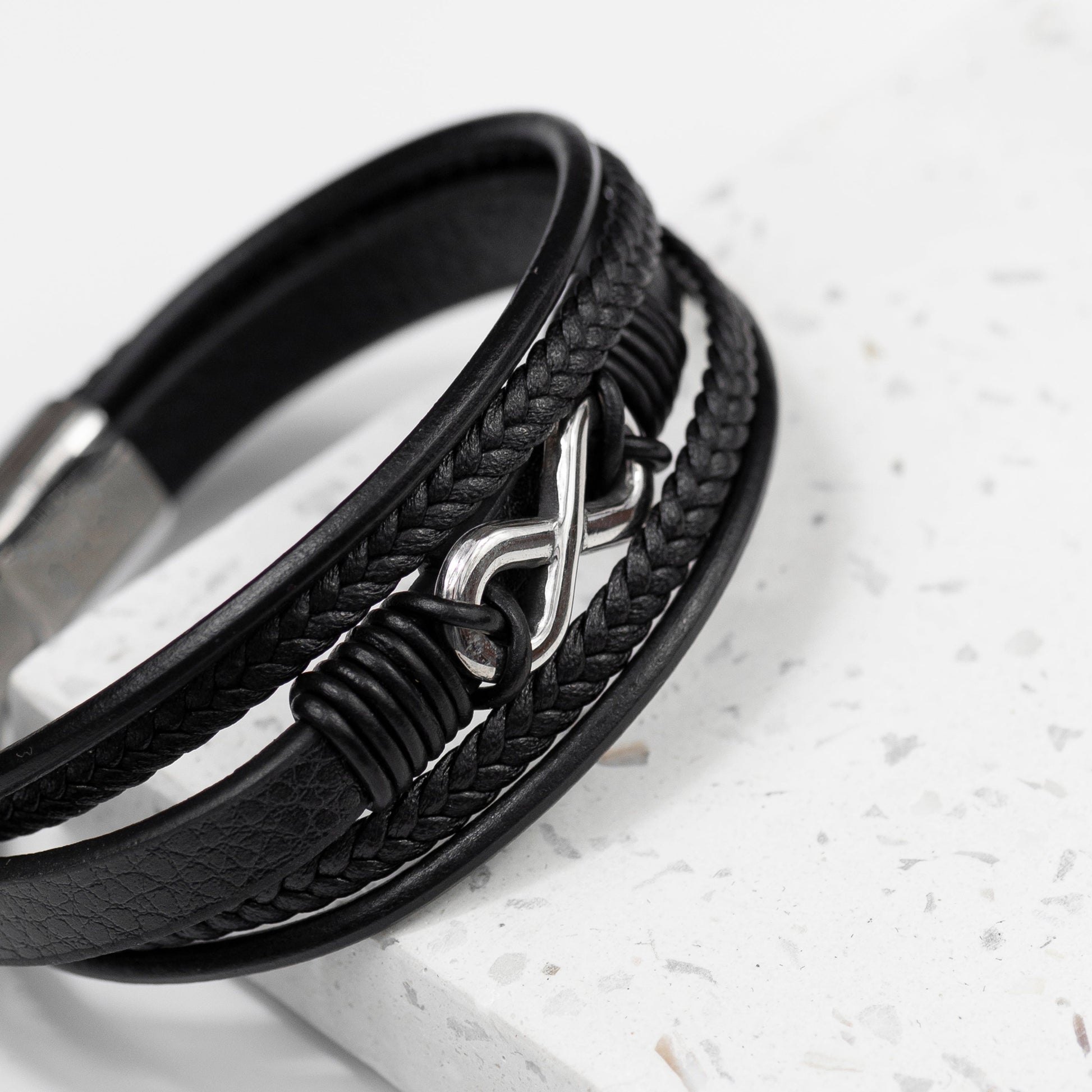 Personalized Men's Silver Infinity Black Leather Stacked Bracelet - Lovesakes