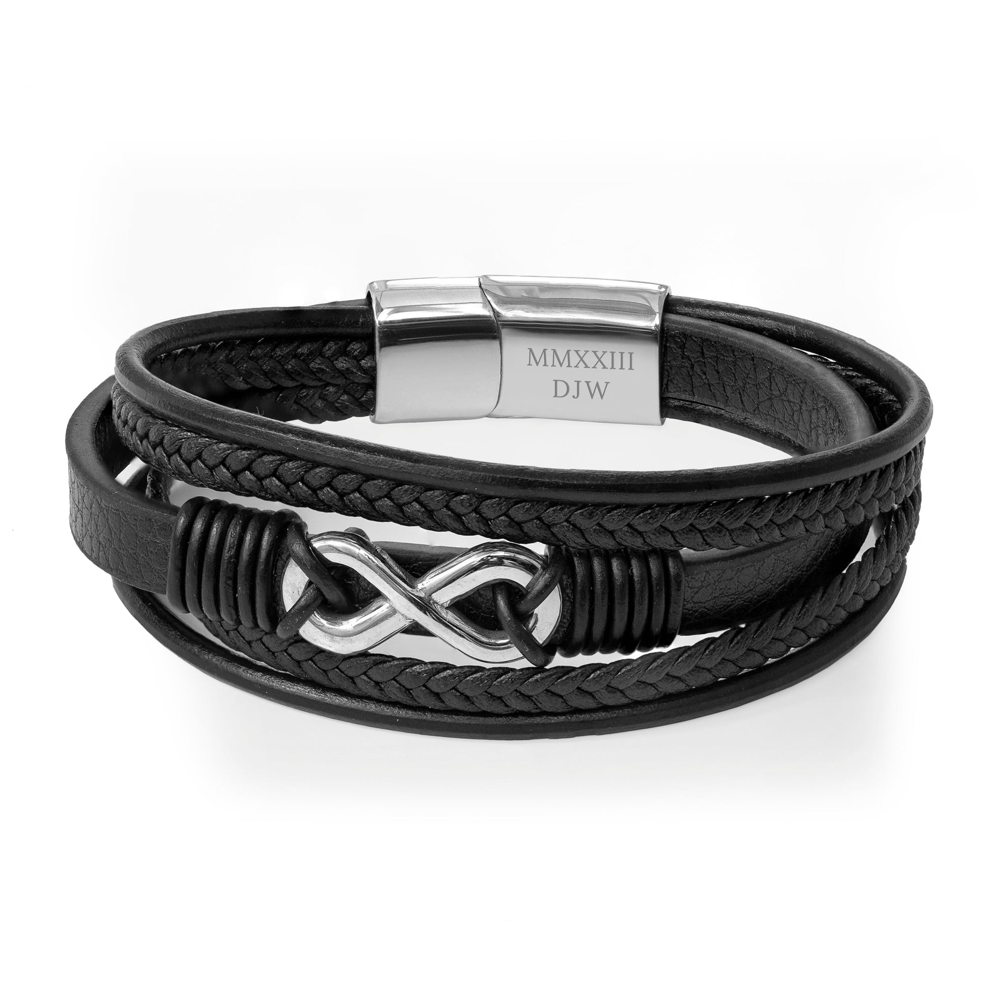 Personalized Men's Silver Infinity Black Leather Stacked Bracelet - Lovesakes