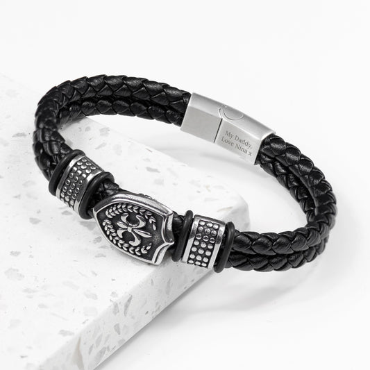 Engraved Men's Warrior Shield Leather Bracelet