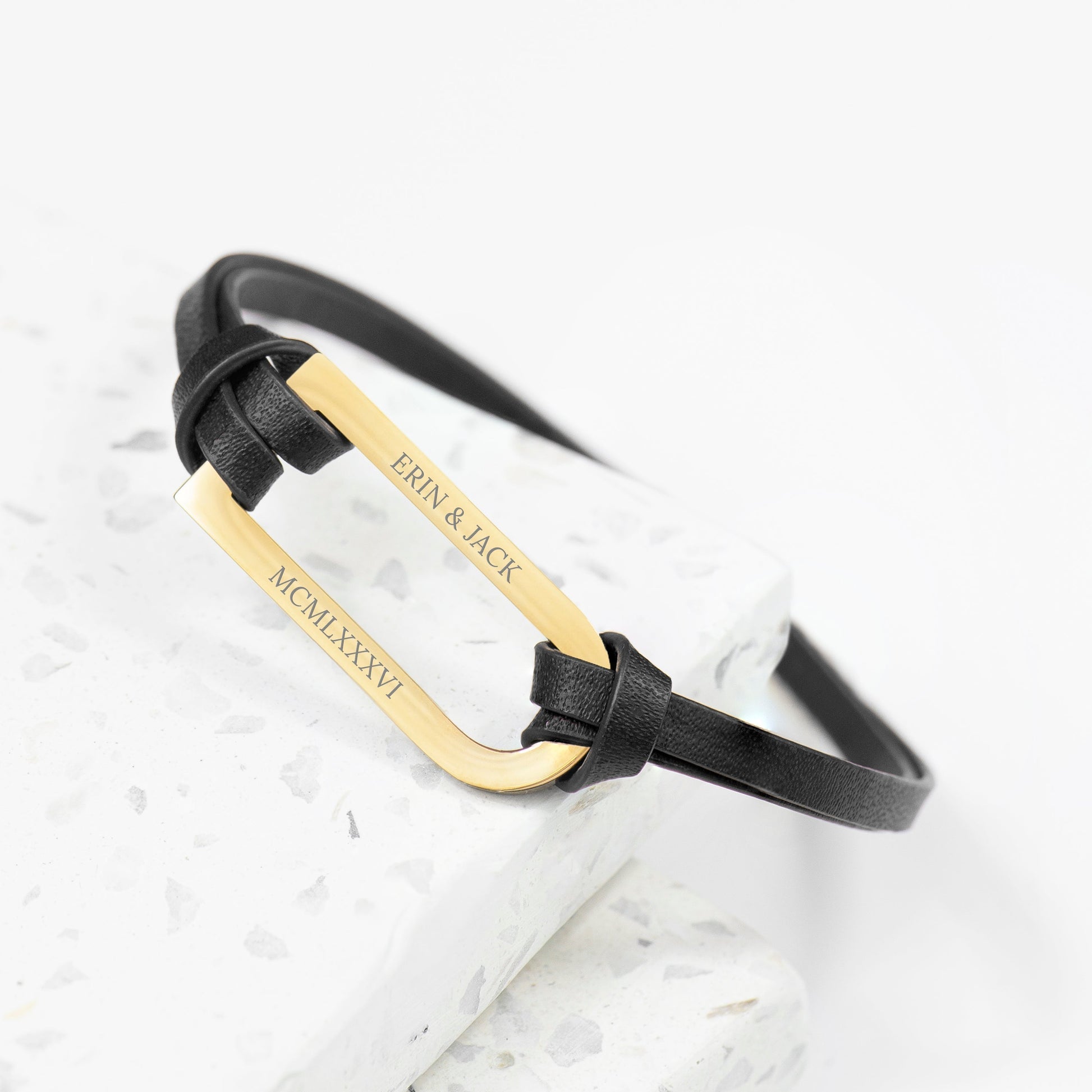 Personalized Men's Shoreditch Gold Bar Black Leather Bracelet - Lovesakes