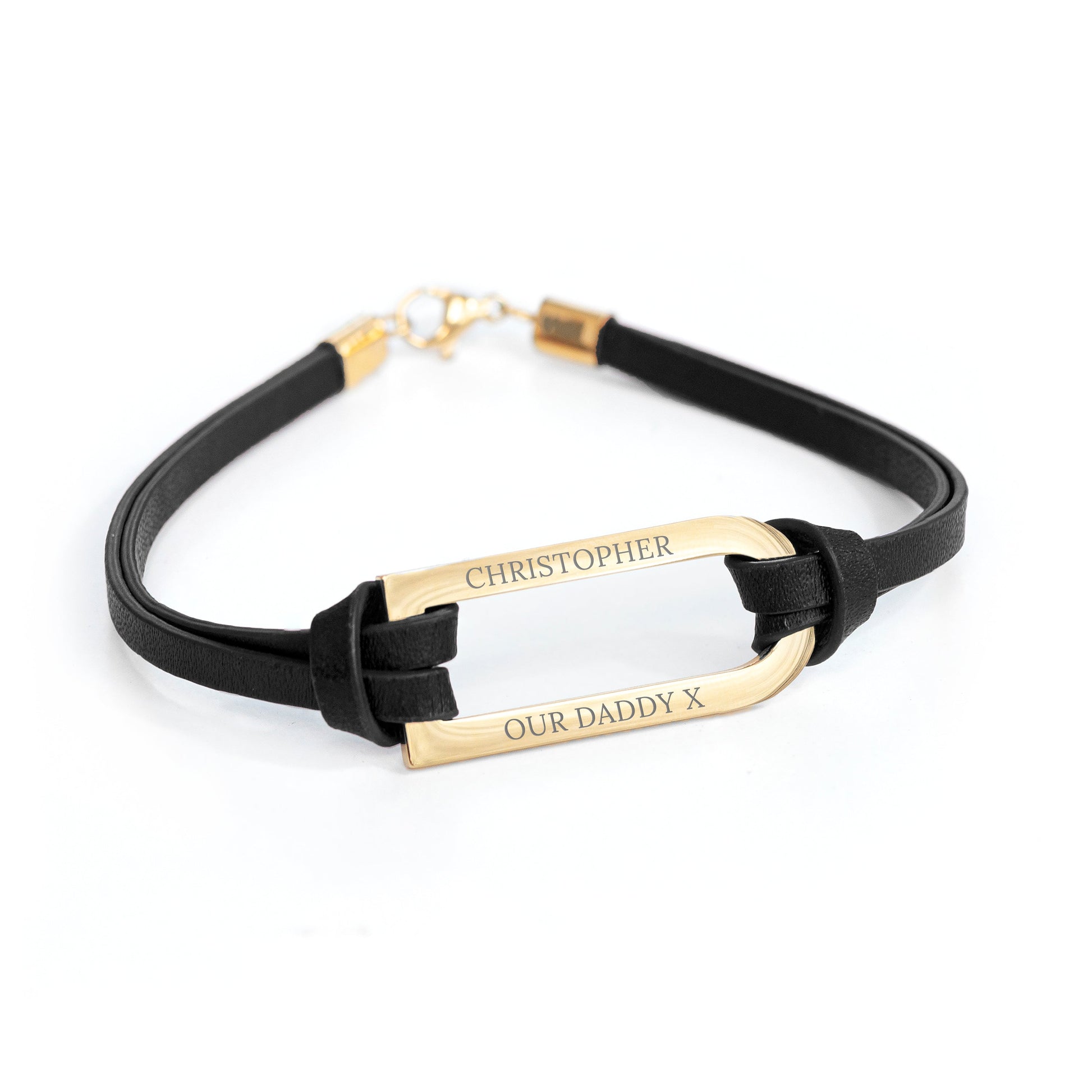 Personalized Men's Shoreditch Gold Bar Black Leather Bracelet - Lovesakes